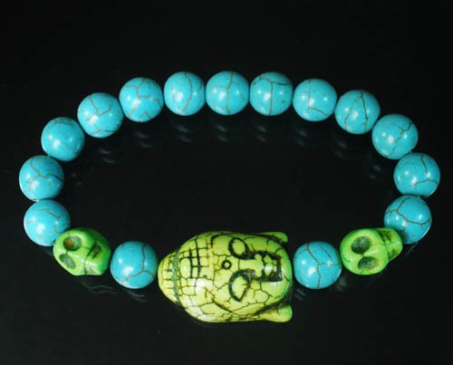 Turquoise Green Buddha Skull Beads Blue Veins Ball Beads Stretch Bracelet ZZ2244