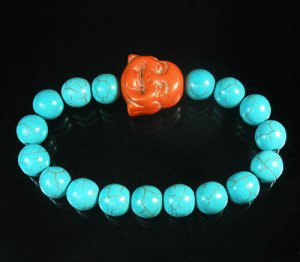 Turquoise Orange Smile Buddha Bead Blue Veins Ball Beads Stretch Bracelet ZZ2290