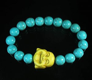 Turquoise Yellow Smile Buddha Bead Blue Veins Ball Beads Stretch Bracelet ZZ2291