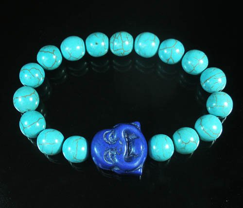 Turquoise Purple-Blue Smile Buddha Bead Blue Veins Ball Beads Stretch Bracelet ZZ2292