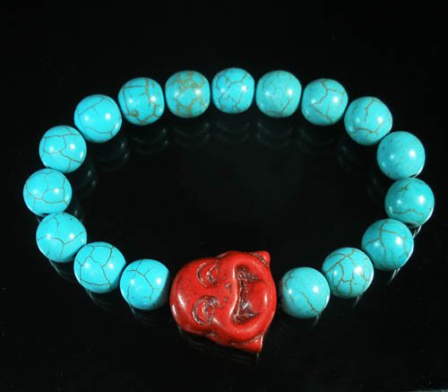 Turquoise Red Smile Buddha Bead Blue Veins Ball Beads Stretch Bracelet ZZ2295