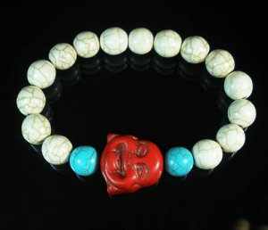 Turquoise Red Smile Buddha Bead Blue White Veins Ball Beads Stretch Bracelet ZZ2299