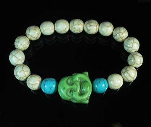 Turquoise Green Smile Buddha Bead Blue White Veins Ball Beads Stretch Bracelet ZZ2300