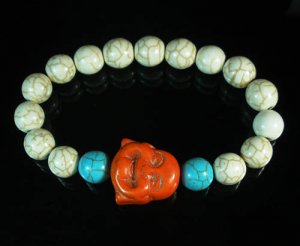 Turquoise Orange Smile Buddha Bead Blue White Veins Ball Beads Stretch Bracelet ZZ2301