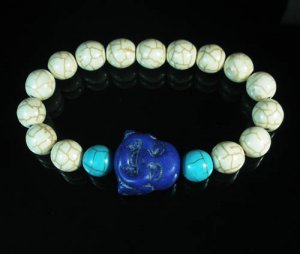 Turquoise Purple-Blue Smile Buddha Bead Blue White Veins Ball Beads Stretch Bracelet ZZ2302