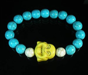 Turquoise Yellow Smile Buddha Bead Blue White Veins Ball Beads Stretch Bracelet ZZ2306