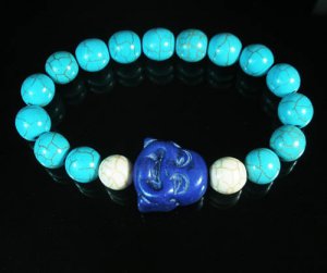 Turquoise Purple-blue Smile Buddha Bead Blue White Veins Ball Beads Stretch Bracelet ZZ2307