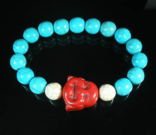 Turquoise Red Smile Buddha Bead Blue White Veins Ball Beads Stretch Bracelet ZZ2308