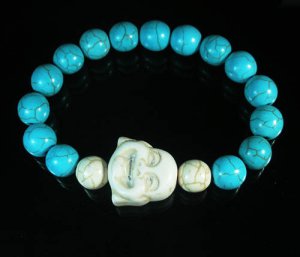 Turquoise White Smile Buddha Bead Blue White Veins Ball Beads Stretch Bracelet ZZ2309