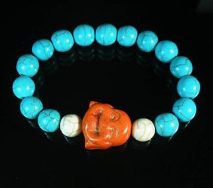 Turquoise Orange Smile Buddha Bead Blue White Veins Ball Beads Stretch Bracelet ZZ2311