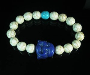 Turquoise Purple-Blue Smile Buddha Bead Blue White Veins Ball Beads Stretch Bracelet ZZ2313