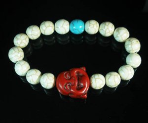 Turquoise Red Smile Buddha Bead Blue White Veins Ball Beads Stretch Bracelet ZZ2314