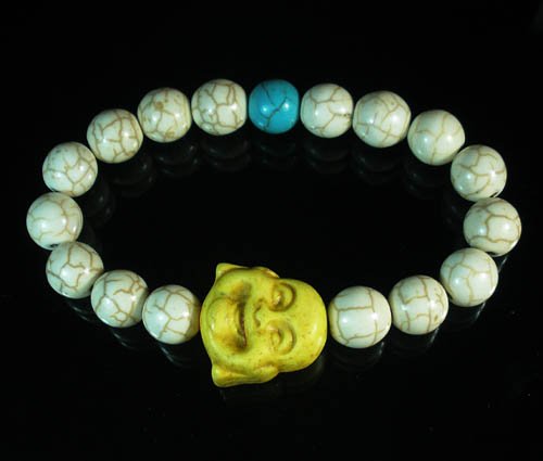 Turquoise Yellow Smile Buddha Bead Blue White Veins Ball Beads Stretch Bracelet ZZ2315