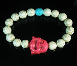 Turquoise Pink Smile Buddha Bead Blue White Veins Ball Beads Stretch Bracelet ZZ2318