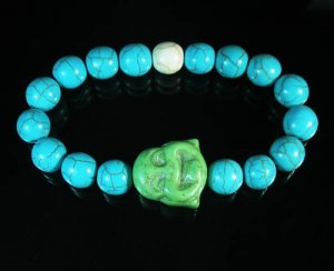 Turquoise Green Smile Buddha Bead Blue White Veins Ball Beads Stretch Bracelet ZZ2320