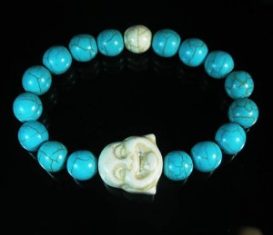 Turquoise White Smile Buddha Bead Blue White Veins Ball Beads Stretch Bracelet ZZ2321