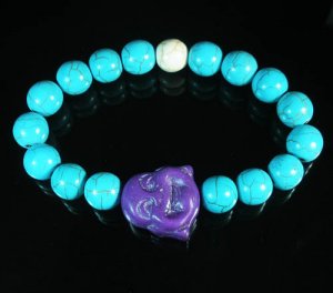 Turquoise Purple Smile Buddha Bead Blue White Veins Ball Beads Stretch Bracelet ZZ2322