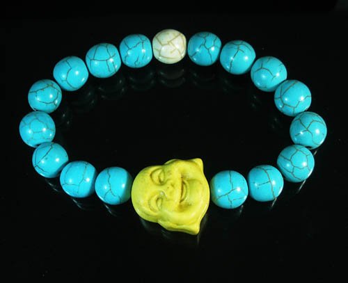 Turquoise Yellow Smile Buddha Bead Blue White Veins Ball Beads Stretch Bracelet ZZ2323