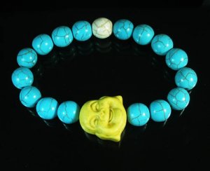 Turquoise Yellow Smile Buddha Bead Blue White Veins Ball Beads Stretch Bracelet ZZ2323
