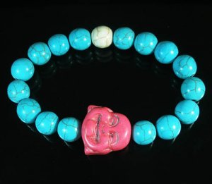 Turquoise Pink Smile Buddha Bead Blue White Veins Ball Beads Stretch Bracelet ZZ2324