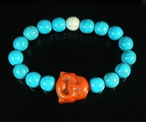 Turquoise Orange Smile Buddha Bead Blue White Veins Ball Beads Stretch Bracelet ZZ2325