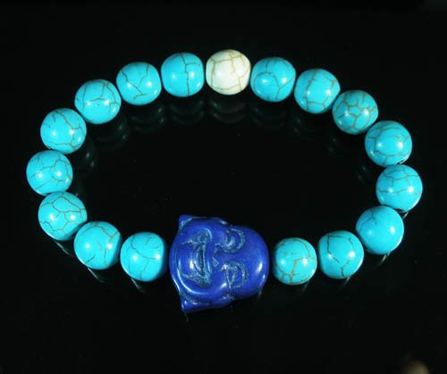 Turquoise Purple-Blue Smile Buddha Bead Blue White Veins Ball Beads Stretch Bracelet ZZ2326