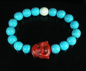 Turquoise Red Smile Buddha Bead Blue White Veins Ball Beads Stretch Bracelet ZZ2327