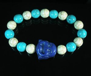 Turquoise Blue Smile Buddha Bead Blue White Veins Ball Beads Stretch Bracelet ZZ2329