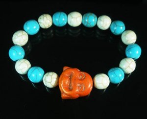 Turquoise Orange Smile Buddha Bead Blue White Veins Ball Beads Stretch Bracelet ZZ2330