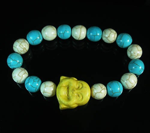 Turquoise Yellow Smile Buddha Bead Blue White Veins Ball Beads Stretch Bracelet ZZ2332