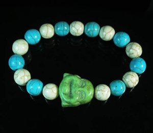 Turquoise Green Smile Buddha Bead Blue White Veins Ball Beads Stretch Bracelet ZZ2334