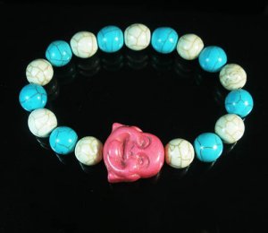 Turquoise Pink Smile Buddha Bead Blue White Veins Ball Beads Stretch Bracelet ZZ2335