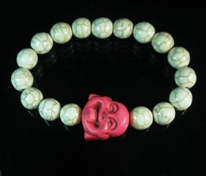Turquoise Pink Smile Buddha Bead White Veins Ball Beads Stretch Bracelet ZZ2336