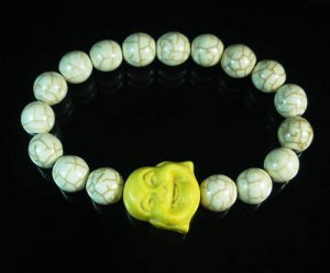 Turquoise Yellow Smile Buddha Bead White Veins Ball Beads Stretch Bracelet ZZ2337