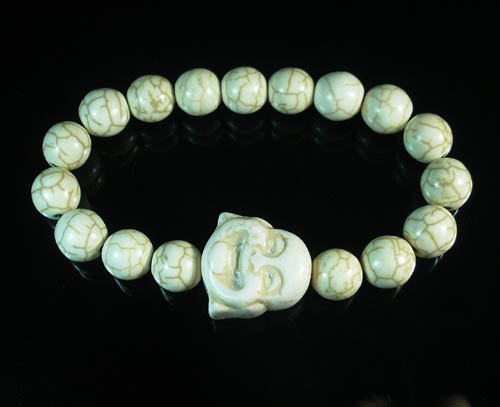 Turquoise White Smile Buddha Bead White Veins Ball Beads Stretch Bracelet ZZ2339