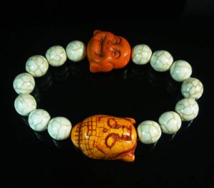 Turquoise Orange Buddha Bead White Veins Ball Beads Stretch Bracelet ZZ2346
