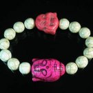 Turquoise Pink Buddha Bead White Veins Ball Beads Stretch Bracelet ZZ2348