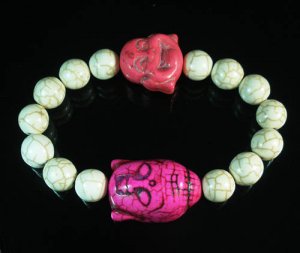 Turquoise Pink Buddha Bead White Veins Ball Beads Stretch Bracelet ZZ2348