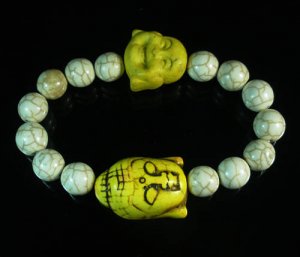 Turquoise Yellow Buddha Bead White Veins Ball Beads Stretch Bracelet ZZ2349