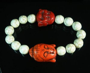 Turquoise Red Buddha Bead White Veins Ball Beads Stretch Bracelet ZZ2350