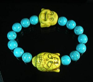 Turquoise Yellow Buddha Bead Blue Veins Ball Beads Stretch Bracelet ZZ2354