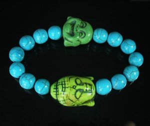 Turquoise Green Buddha Bead Blue Veins Ball Beads Stretch Bracelet ZZ2356