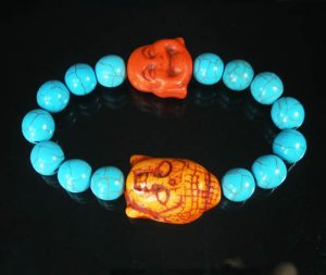 Turquoise Orange Buddha Bead Blue Veins Ball Beads Stretch Bracelet ZZ2357