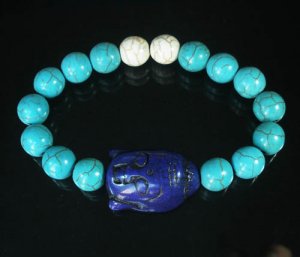 Turquoise Dark Blue Buddha Bead White Blue Veins Ball Beads Stretch Bracelet ZZ2359
