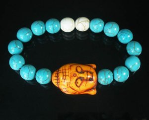 Turquoise Orange Buddha Bead White Blue Veins Ball Beads Stretch Bracelet ZZ2361