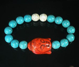Turquoise Red Buddha Bead White Blue Veins Ball Beads Stretch Bracelet ZZ2363