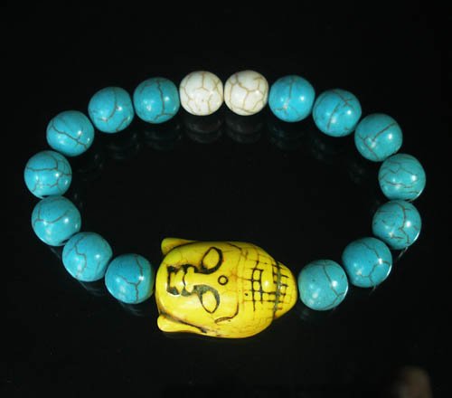 Turquoise Yellow Buddha Bead White Blue Veins Ball Beads Stretch Bracelet ZZ2364