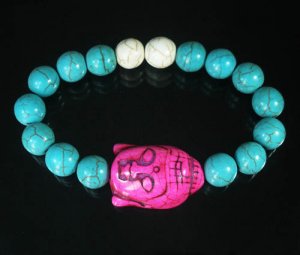Turquoise Hot Pink Buddha Bead White Blue Veins Ball Beads Stretch Bracelet ZZ2365