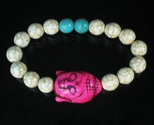 Turquoise Hot Pink Buddha Bead White Blue Veins Ball Beads Stretch Bracelet ZZ2366
