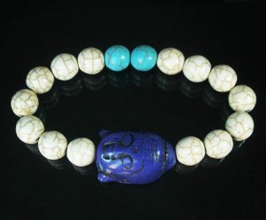 Turquoise Blue Buddha Bead White Blue Veins Ball Beads Stretch Bracelet ZZ2367